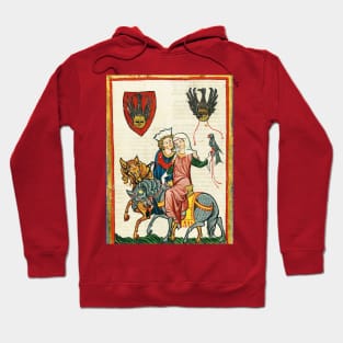 LOVERS ON HORSEBACK WITH FALCON , MEDIEVAL MINIATURE WITH WILD ROSES Hoodie